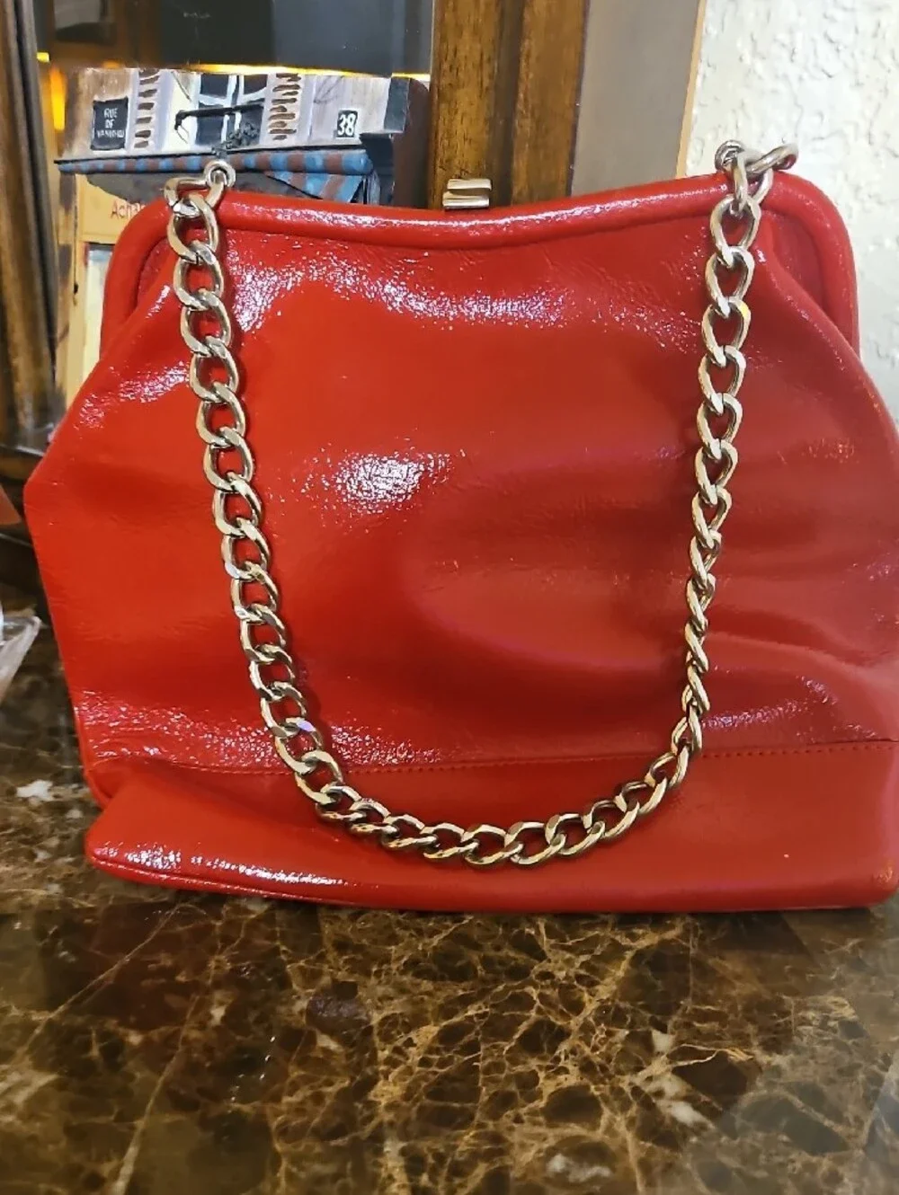 Red Patent Shoulder Bag with Chain Strap